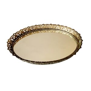 Vintage Oval Mirrored Vanity Dresser Tray Ornate Floral Metal Trim 13.5 x 10